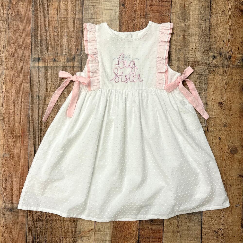 A Stitchy Fish Big Sister Dress White Pink Ruffle Bow Girls Sz 5